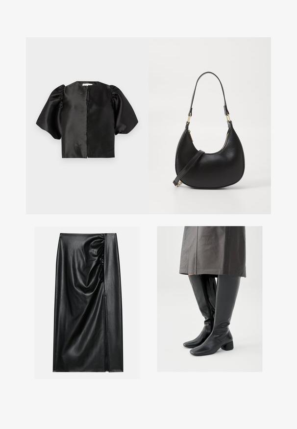 Zwart satijnen cropped top met opgeblazen korte mouwen en een opening aan de voorkant. Glad oppervlak met een glanzende afwerking, minimalistisch ontwerp.; Zwarte leren rok met een soepele textuur, voorzien van een geplooid gedeelte aan één kant en een zijspleet voor extra detail.; Zwart leren kniehoge laarzen met een vierkante neus, een schuin blokhak en een ritssluiting aan de zijkant; gladde textuur en aansluitend ontwerp.; Zwarte leren handtas met een gebogen vorm, uitgerust met een bovenste ritsluiting, een kort handvat en een afneembare schouderband. Gouden hardware accenten.