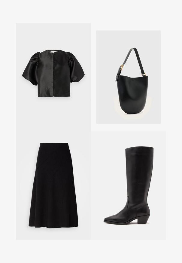Zwart satijnen cropped top met opgeblazen korte mouwen en een opening aan de voorkant. Glad oppervlak met een glanzende afwerking, minimalistisch ontwerp.; Zwarte wollen A-lijn rok met een middelhoge taille, voorzien van diagonale naaddetails en een gladde textuur, die net onder de knie valt.; Zwarte leren laars tot half op de kuit met een puntige neus en een lage schuine hak op een effen lichte achtergrond.; Zwarte leren bucket bag met verstelbare schouderriem en goudkleurige gesp op een effen lichtgrijze achtergrond.
