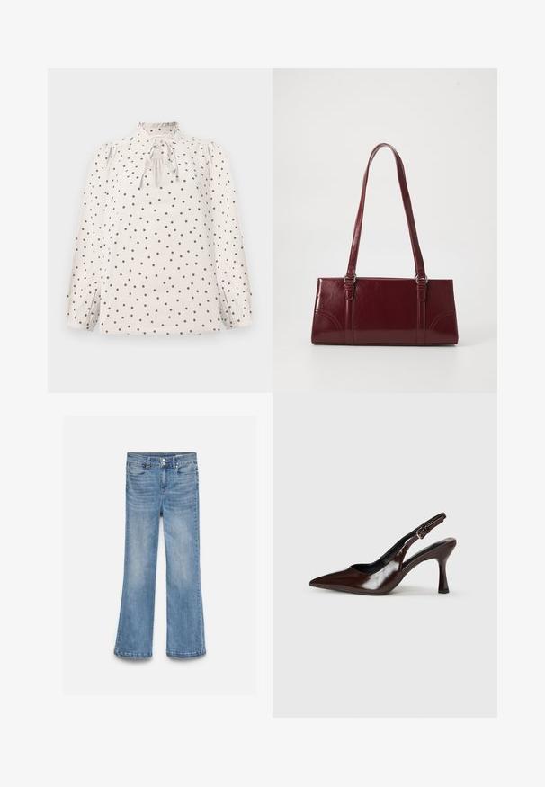 Blouse crème à pois noirs, manches longues bouffantes, col à volants froncés et détail de nœud à l'avant.; Jean en denim bleu clair avec une taille haute, une fermeture double bouton, des poches avant et arrière, et des jambes légèrement évasées.; Talons slingback en cuir verni brun avec un bout pointu, un talon fin, et une sangle réglable avec une petite boucle.; Sac à main bordeaux en matériau brillant, de forme rectangulaire, avec deux anses et des accents légèrement courbés à l'avant.