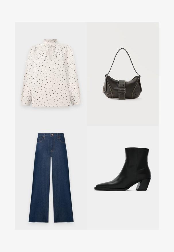 Blouse crème à pois noirs, manches longues bouffantes, col à volants froncés et détail de nœud à l'avant.; Jean denim bleu foncé à jambes larges avec boutons avant et poches, présenté sur un fond clair uni.; Bottine en cuir noir avec un bout pointu, une silhouette élégante et un talon carré massif. Texture lisse avec des détails de couture minimalistes.; Sac à épaule en cuir noir avec une sangle à boucle, des bords arrondis et des coutures blanches contrastées sur un fond uni.