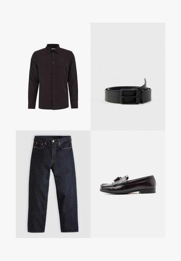 Chemise noire à manches longues, boutonnée, en tissu lisse avec un col, une patte de boutonnage à l'avant et des poignets standards. Aucun motif ou design visible.; Jean en denim bleu foncé avec une coupe droite, cinq poches, des coutures orange contrastantes et une fermeture à boutons. Pas de motifs ou d'ornements visibles.; Mocassin à glands en cuir brun foncé avec un petit talon et des détails cousus sur la tige, présenté de profil sur un fond blanc.; Ceinture en cuir noir à texture lisse avec une boucle rectangulaire en métal, présentant un design simple sans motifs ni accents visibles.