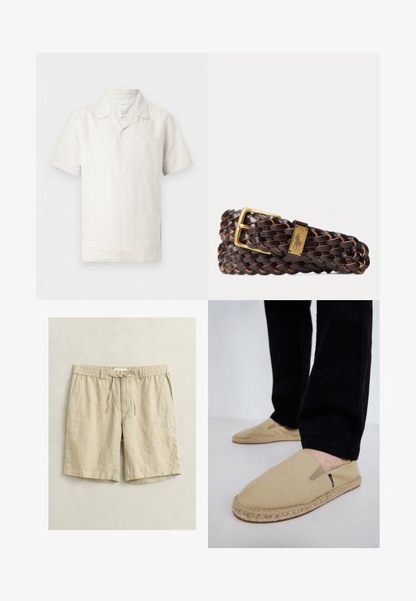 Chemise en lin blanche à manches courtes, boutonnée, avec col classique et logo discret sur la poitrine, présentée sur fond uni.; Shorts décontractés beiges mi-cuisse avec taille élastique, cordon de serrage, bouton de fermeture et poches latérales, posés à plat sur un fond clair.; Chaussures slip-on en toile beige avec des goring élastiques, semelle en corde de jute et coutures contrastantes. Portées avec un pantalon noir fuselé.; Ceinture en cuir tressé brun foncé avec une boucle rectangulaire dorée et une plaque dorée arborant un emblème de joueur de polo.