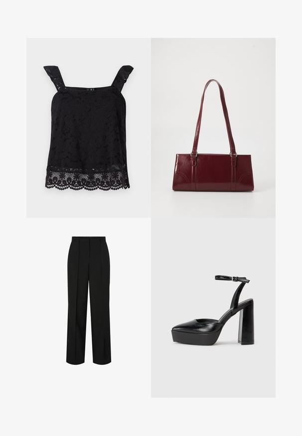 Top en dentelle noire avec larges bretelles, motif floral, ourlet festonné et tissu texturé. Présente des détails complexes au bord inférieur.; Pantalon noir à coupe droite, doté d'une ceinture, d'un devant plissé et d'une texture douce. Pas de motifs ou d'éléments métalliques visibles.; Escarpins noirs à plateforme avec un bout pointu et une sangle réglable à la cheville. Conçus en cuir lisse, avec un large talon bloc.; Sac à main bordeaux en matériau brillant, de forme rectangulaire, avec deux anses et des accents légèrement courbés à l'avant.