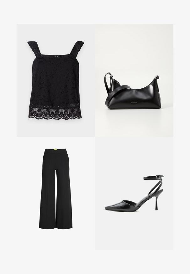 Top en dentelle noire avec larges bretelles, motif floral, ourlet festonné et tissu texturé. Présente des détails complexes au bord inférieur.; Pantalon noir à jambes larges avec taille haute et détails de coutures verticales à l'avant.; Escarpin noir à bout pointu avec fines brides de cheville et fermeture à boucle argentée sur fond clair uni.; Sac à main en cuir noir avec une texture lisse. Dispose d'une bandoulière adjustable et d'un design élégant et minimaliste avec une fermeture éclair.