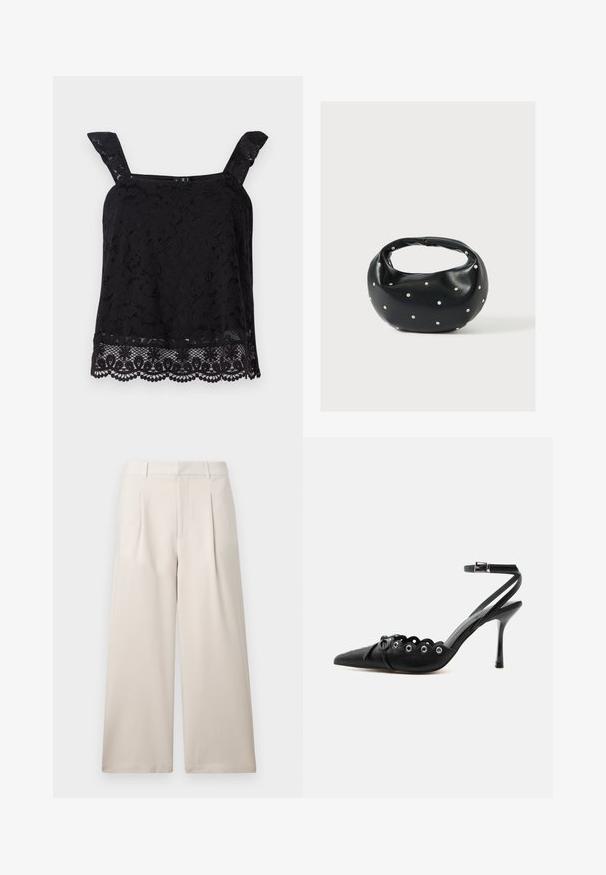 Top en dentelle noire avec larges bretelles, motif floral, ourlet festonné et tissu texturé. Présente des détails complexes au bord inférieur.; ONLY ONLLANDO PLEAT CULOTTE PANT - Pantalon classique - pumice stone; Chaussure à talon haut noire à bout pointu, bords festonnés, œillets métalliques, lacets à l'avant et bride de cheville avec fermeture à boucle.; Sac à main en cuir noir de forme arrondie, décoré de clous argentés et équipé d'une poignée courte. Texture lisse et fermeture éclair.