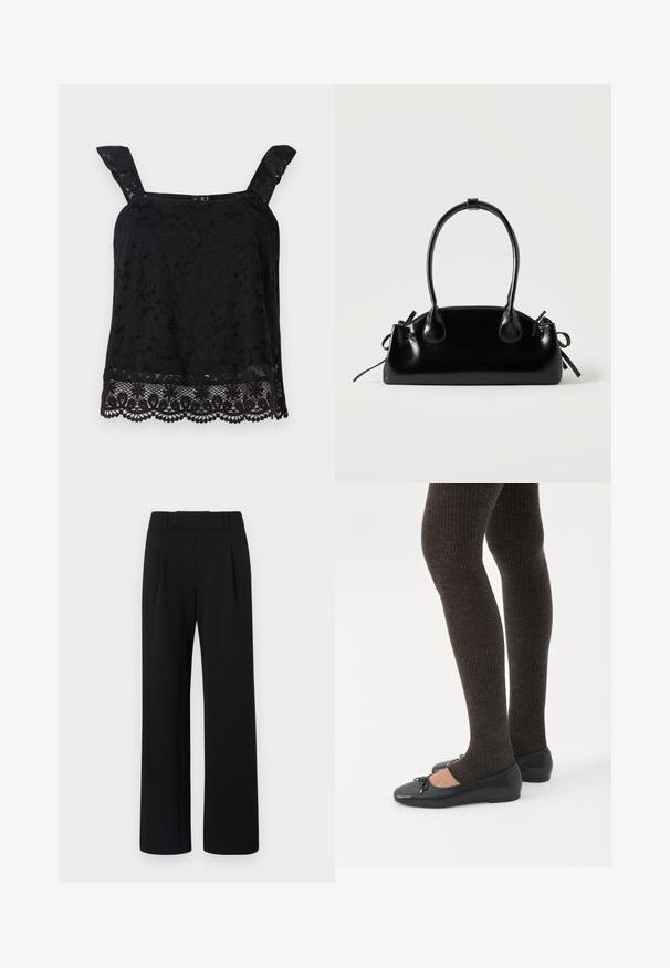 Top en dentelle noire avec larges bretelles, motif floral, ourlet festonné et tissu texturé. Présente des détails complexes au bord inférieur.; Pantalons larges noirs en tissu lisse ; dotés d'une taille avec passants de ceinture et de plis à l'avant ; design épuré et ajusté.; Jambes portant des leggings côtelés foncés associés à des ballerines noires avec de petits détails en nœud sur fond blanc.; Petit sac à main noir brillant avec deux longues anses et des détails à cordon sur les côtés sur un fond clair uni.