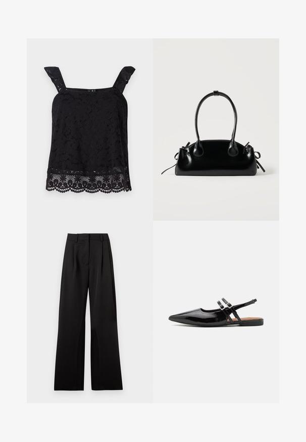 Top en dentelle noire avec larges bretelles, motif floral, ourlet festonné et tissu texturé. Présente des détails complexes au bord inférieur.; Pantalon large noir avec une texture lisse, comportant des plis avant, une taille plate et des passants de ceinture. Design simple et tailleur.; Des chaussures slingbacks en cuir verni noir présentent un bout pointu, deux sangles avec des accents de boucle, et une semelle plate.; Petit sac à main noir brillant avec deux longues anses et des détails à cordon sur les côtés sur un fond clair uni.