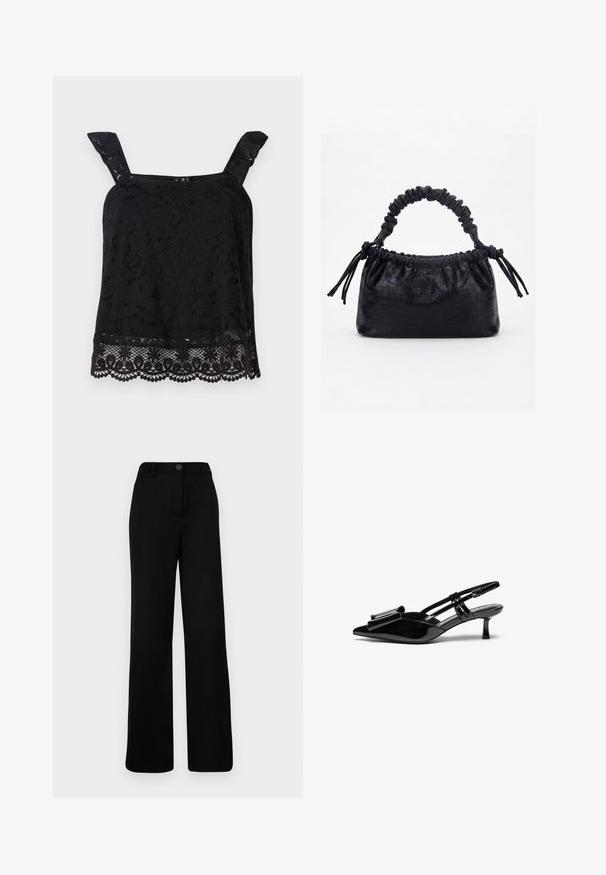 Top en dentelle noire avec larges bretelles, motif floral, ourlet festonné et tissu texturé. Présente des détails complexes au bord inférieur.; Pantalons larges noirs à devant plat, fermeture à bouton et taille structurée. Fabriqués en tissu lisse avec un design ajusté.; Talons aiguilles en cuir verni noir avec un bout pointu, un détail en nœud à l'avant et un petit talon stiletto. Les brides sont équipées de boucles ajustables.; Sac à main noir avec texture crocodile, bord supérieur froncé, poignée plissée et pompons à cordon de chaque côté sur fond blanc.