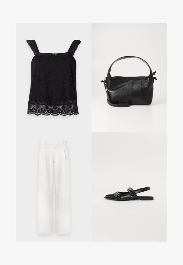 Top en dentelle noire avec larges bretelles, motif floral, ourlet festonné et tissu texturé. Présente des détails complexes au bord inférieur.; Pantalons larges de couleur crème avec un devant plat, des plis et une texture de tissu lisse. Conçus avec des passants de ceinture et des ourlets ajustés.; Even&Odd by Zalando Ballerines à brides arrière - black; Sac à main en cuir noir au design structuré, avec une poignée arrondie et une bandoulière amovible. Présente une texture lisse et un éclat subtil.