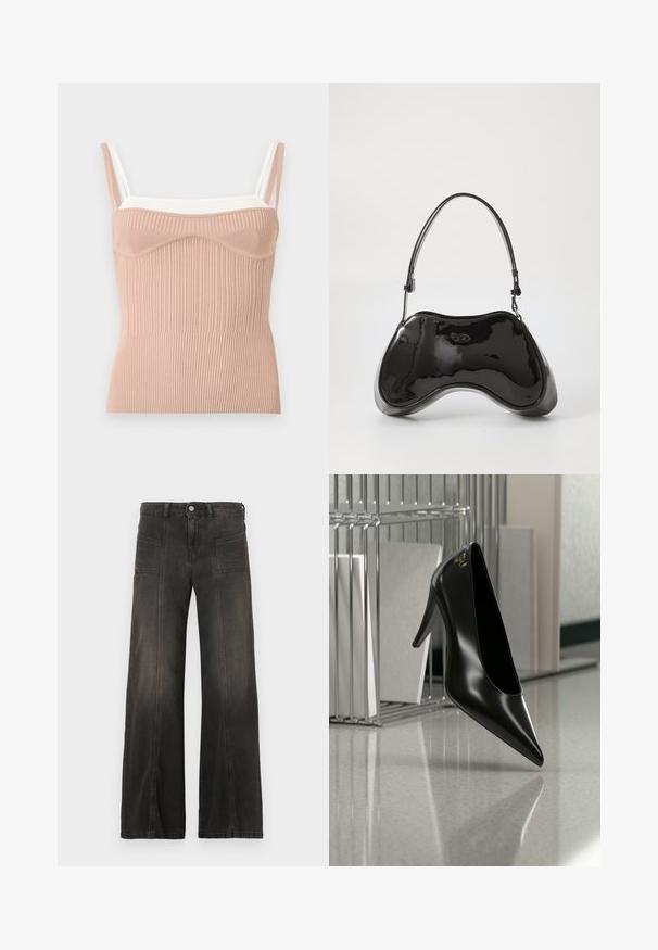 Haut en maille côtelée sans manches avec bonnets moulés en beige et bretelles doubles blanches, conçu pour une coupe ajustée.; Jean en denim noir à jambes larges avec une finition délavée, comprenant deux poches avant et des détails cousus le long des coutures. Conception taille haute.; Chaussure noire à talon haut avec bout pointu et logo doré, posée sur une surface réfléchissante près d'un organiseur de dossiers en fil chromé contenant des documents.; Sac à main en cuir verni noir avec une forme incurvée unique, une anse courte et ajustable, et une fermeture zippée. Texture lisse avec un branding discret.