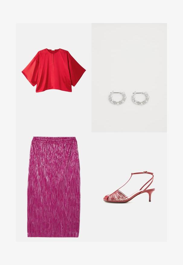 Haut rouge à manches courtes en tissu lisse. Présente une coupe large, un col bateau et un détail de fente centrale. Design simple et de couleur unie.; Jupe slim-fit fuchsia avec un design texturé plissé. Taille élastique et finition métallisée, offrant un aspect brillant.; Sandale rouge à brides fines et talon bas avec lanière fine en T, fermeture à boucle à la cheville et motif tissé sur la zone des orteils, sur fond blanc.; Boucles d'oreilles en argent en forme de créoles avec des accents de perles et de cristaux, présentant une surface texturée et une fermeture à tige sécurisée.