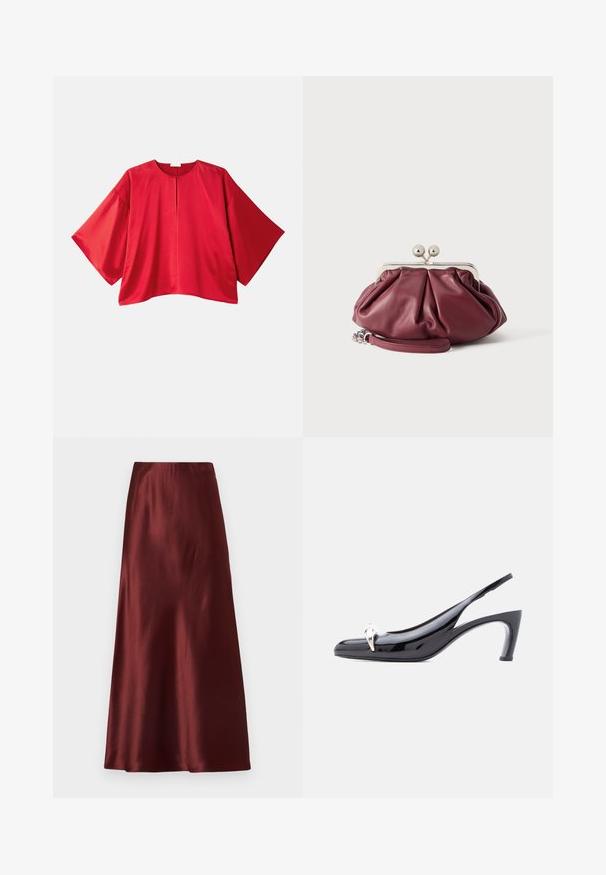 Haut rouge à manches courtes en tissu lisse. Présente une coupe large, un col bateau et un détail de fente centrale. Design simple et de couleur unie.; Jupe maxi en satin bordeaux avec une texture lisse et brillante et une silhouette droite. Caractérisée par une taille haute et une longueur jusqu'aux chevilles.; Escarpin slingback en cuir verni noir avec bout pointu et ornement décoratif en métal argenté à l'avant.; Petite pochette en cuir bordeaux avec fermoir en métal argenté et bracelet pour poignet sur fond blanc.