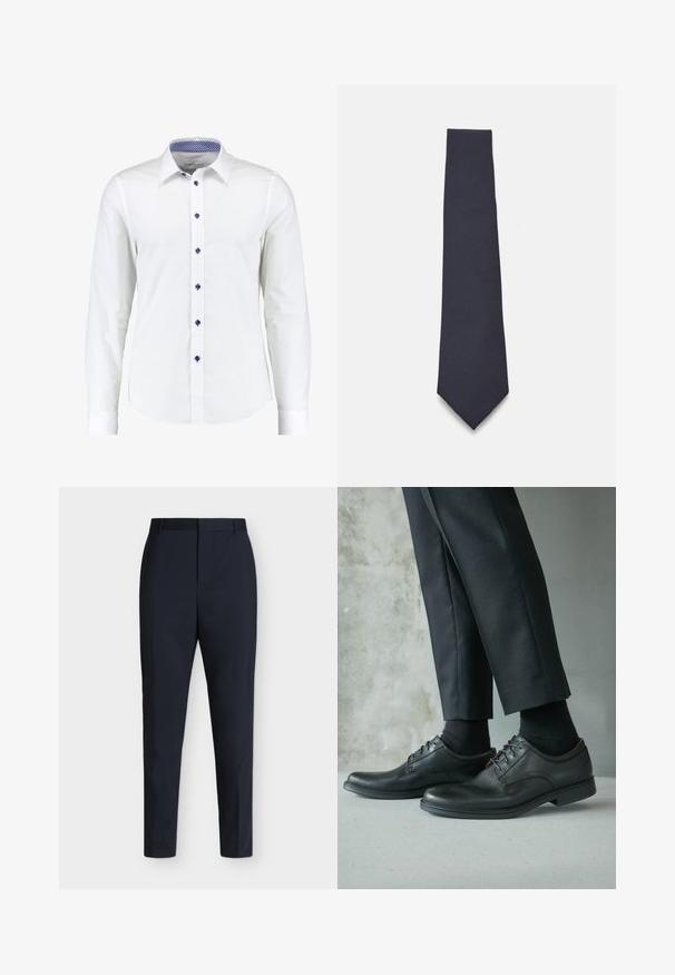 White long-sleeve shirt with a button-down collar, featuring blue accent buttons and a blue checkered pattern inside the collar.; Navy blue slim-fit formal trousers with belt loops and a concealed front fastening, displayed flat on a plain light background.; Black leather dress shoes worn with black socks and black tailored pants against a gray concrete and smooth wall background.; Navy blue tie with a textured fabric, slim design, and pointed end. Solid color, no visible patterns or logos. Measures approximately 145 cm in length.