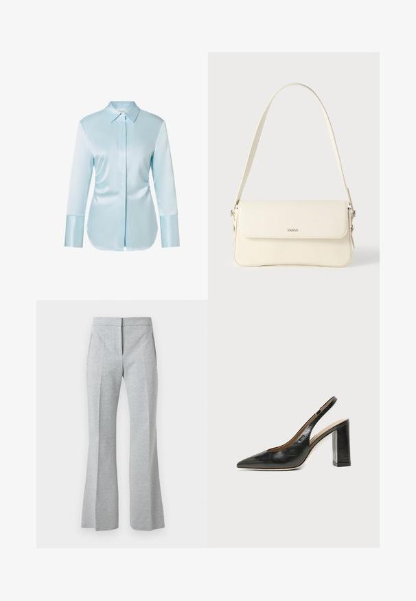 Chemise en satin bleu clair à boutons, col classique, manches longues et coupe droite. Texture lisse avec une finition brillante.; Pantalon gris clair taille haute, taille ajustée avec un motif chevron subtil, pli frontal, poches latérales et jambes légèrement évasées.; Chaussure slingback en cuir noir à bout pointu avec un talon bloc haut et une doublure intérieure beige sur un fond clair uni.; Sac à bandoulière en cuir couleur crème avec fermeture à rabat, quincaillerie argentée, une bandoulière réglable et un logo discret.