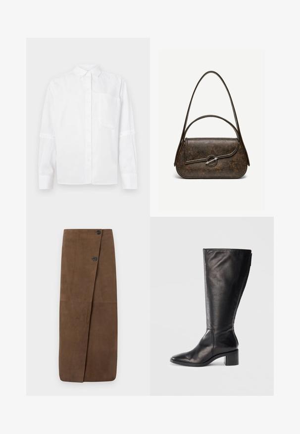 Hvid skjorte med krave, enkelt brystlomme, og lange ærmer med trykknapmanchetter. Glat tekstur, klassisk design.; Brun ruskind omslag nederdel med to sorte knapper foran, der har en glat tekstur og et lige, gulvlængde design.; Sorte læderknæhøje støvler med firkantet tå, blokhæle og et stilrent design. Glat tekstur med en sideskift for nem påtagning.; Mørkebrun tekstureret læderhåndtaske med to stropper, afrundet rektangulær form og sølvfarvet cirkulært låsespænde på frontklap.