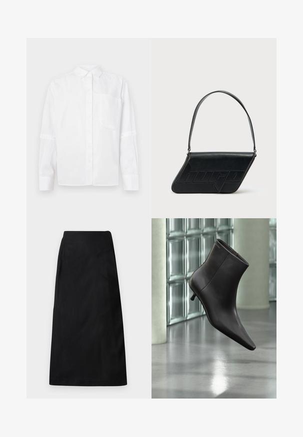 Hvid skjorte med krave, enkelt brystlomme, og lange ærmer med trykknapmanchetter. Glat tekstur, klassisk design.; DRYKORN AMBAR - A-snit nederdel - black; Sort læderankelstøvle med spids tå og lille hæl vist mod en væg af glasblokke og poleret gulv baggrund.; Sort skuldertaske i læder med trekantet form, præget logo og en enkelt justerbar rem. Minimalistisk design med glat tekstur.