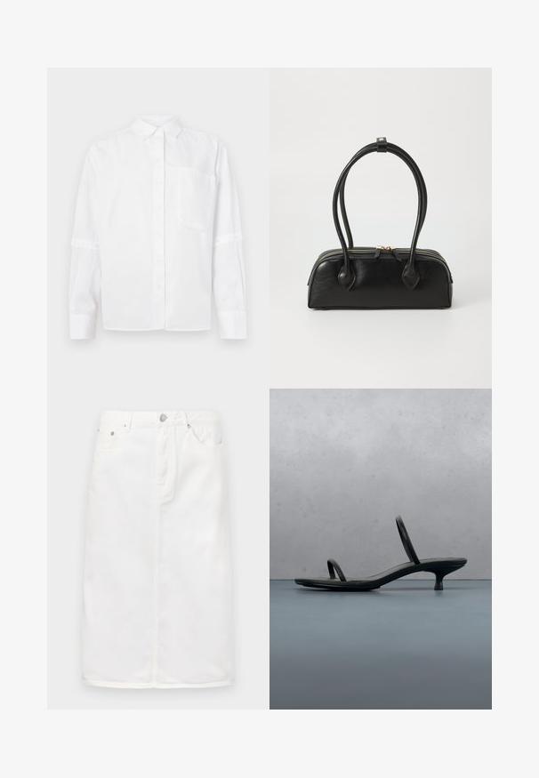 Hvid skjorte med krave, enkelt brystlomme, og lange ærmer med trykknapmanchetter. Glat tekstur, klassisk design.; Hvid denimnederdel med lynlås foran, fem lomme-design og lige silhuet med stikninger.; Sort Calvin Klein sandal med hæl og tynde stropper, balancerende på træfliser udendørs nær en væg og grønne planter.; Sort læder håndtaske med to langstrakte håndtag, lynlåslukning og afrundet form; glat tekstur med en subtil blank finish.