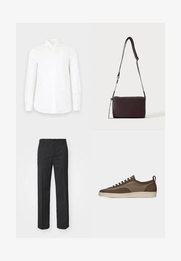 Camisa blanca de manga larga con botones, hecha de algodón suave. Presenta un collar puntiagudo, cierre frontal de botones completo y cintura ligeramente ajustada.; Filippa K TROY TROUSERS - Pantalones - black; Zapatilla baja marrón con cordones blancos, suela beige, parte superior de tela y ante, lengüeta lateral y logo "Tiger of Sweden" en texto dorado.; Bolso bandolera de cuero marrón oscuro con textura, correa ajustable y pequeño adorno decorativo azul en el lateral.