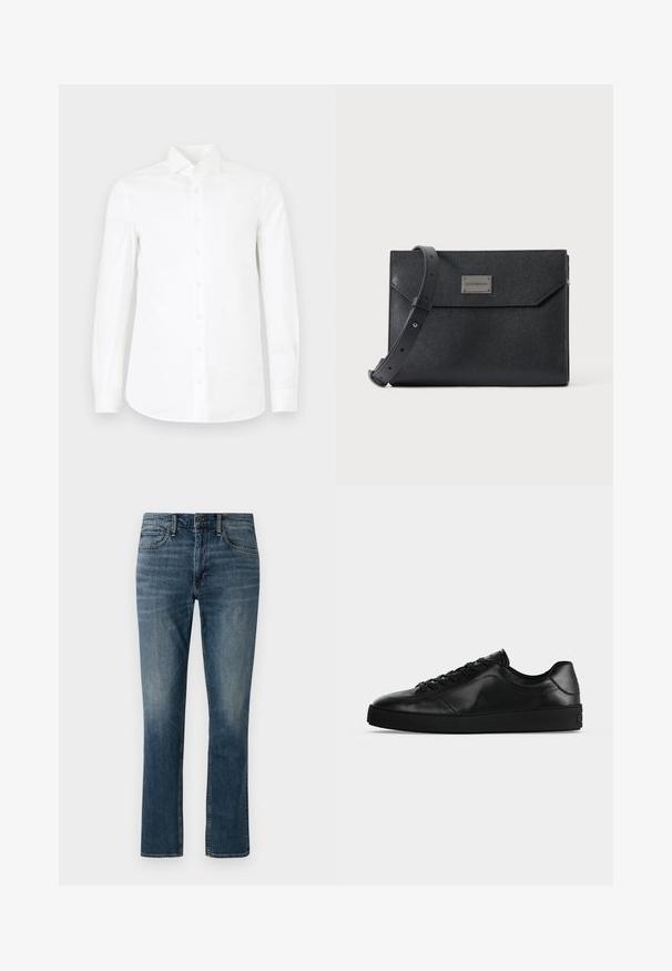 Witte lange mouwen overhemd met knopen gemaakt van zachte katoen. Bevat een gepunte kraag, volledige knoopsluiting aan de voorkant en een licht taperende taille.; Donkerblauwe denim jeans met een rechte pijp. Kenmerken zijn onder andere voorzakken, een knoopsluiting en subtiele vervaging bij de dijen.; Zwart leren sneaker met lage schacht, veters aan de voorkant en een getextureerde platte zool, zijaanzicht op een neutrale achtergrond.; Zwart getextureerde leren crossbody tas met verstelbare riem en metalen logo plaatje aan de voorkant, rechthoekige envelopstijl flap sluiting.