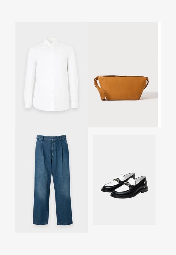 Camisa blanca de manga larga con botones, hecha de algodón suave. Presenta un collar puntiagudo, cierre frontal de botones completo y cintura ligeramente ajustada.; Pantalones de mezclilla azul con un diseño de pierna recta, que presentan una cintura alta, pliegues frontales y un cierre clásico de botón. Textura suave.; Par de mocasines de cuero en blanco y negro con detalle de cadena dorada en la parte superior, sobre un fondo claro y liso.; Bolso bandolera de cuero marrón claro con correa ajustable y cierre de cremallera, mostrado sobre un fondo claro y liso.