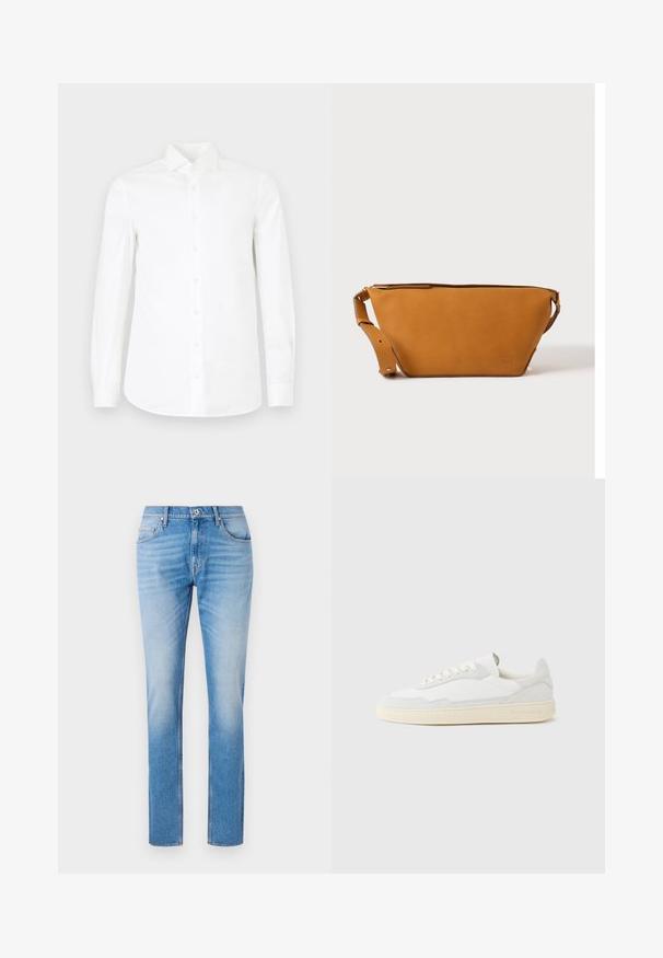 Witte lange mouwen overhemd met knopen gemaakt van zachte katoen. Bevat een gepunte kraag, volledige knoopsluiting aan de voorkant en een licht taperende taille.; Lichtblauwe denim jeans met een rechte pasvorm, voorzien van een klassiek vijf-pocket ontwerp, contrasterende stiksels en een lichte vervaging.; Witte sneaker met een bovenwerk van gestructureerd suède en leer. Voorzien van een afgeronde neus, vetersluiting en een contrasterende beige rubberen zool.; Lichtbruine leren crossbodytas met verstelbare band en ritssluiting, getoond tegen een effen lichte achtergrond.