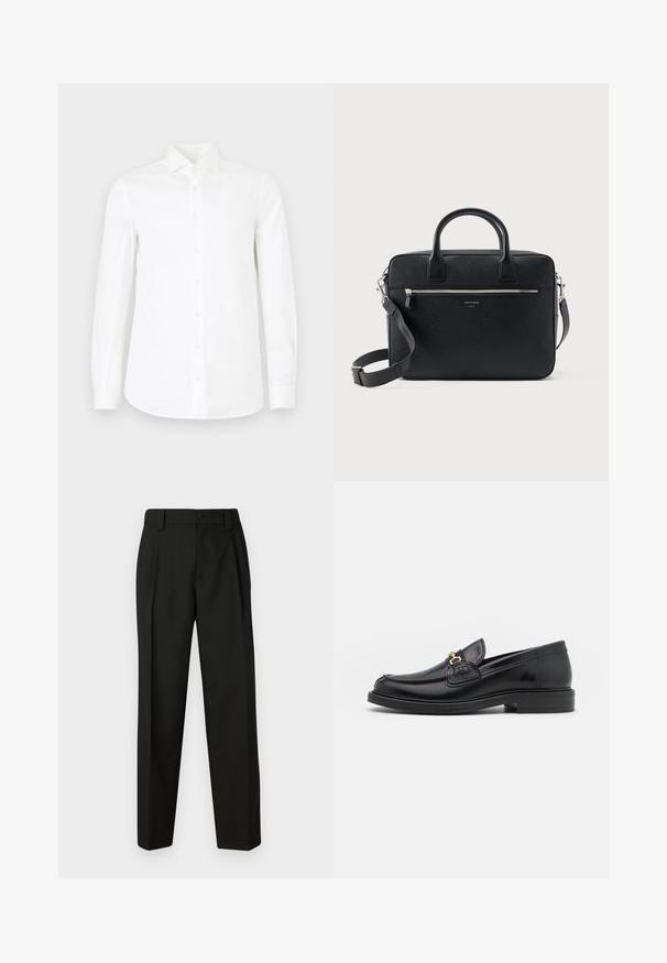 Camisa blanca de manga larga con botones, hecha de algodón suave. Presenta un collar puntiagudo, cierre frontal de botones completo y cintura ligeramente ajustada.; Pantalones negros de corte entallado hechos de una tela suave. Con pierna recta, cierre de botón único y trabillas para el cinturón. Sin patrones o acentos visibles.; Mocasines de cuero negro con punta redondeada, que cuentan con un detalle de herrajes dorados y costuras, situados sobre una suela de goma texturizada y baja.; Maletín rectangular de cuero negro con textura, con doble asa, bolsillo frontal con cremallera y correa de hombro ajustable, mostrado sobre fondo blanco.