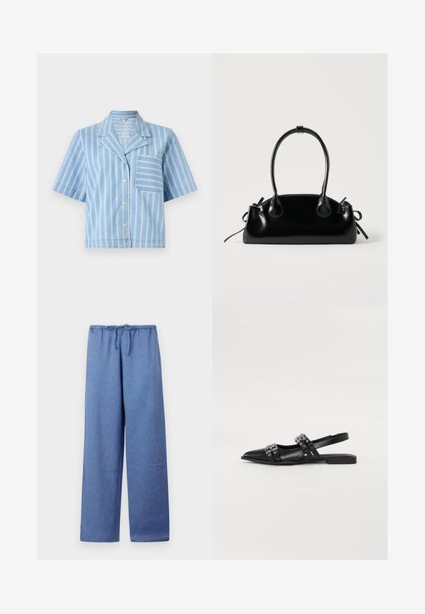 Blau gestreiftes Kurzarmhemd mit Kragen, Knopfverschluss vorne und Brusttasche. Hergestellt aus leichtem Jeansstoff.; Himmelblaue, weit geschnittene Hose mit Kordelzugbund, aus einem weichen Stoff gefertigt, mit glatter Textur und lockerer Passform.; Even&Odd by Zalando Sling-Ballerina - black; Kleine schwarze glänzende Handtasche mit zwei langen Griffen und seitlichen Kordelzug-Details vor einfachem hellem Hintergrund.