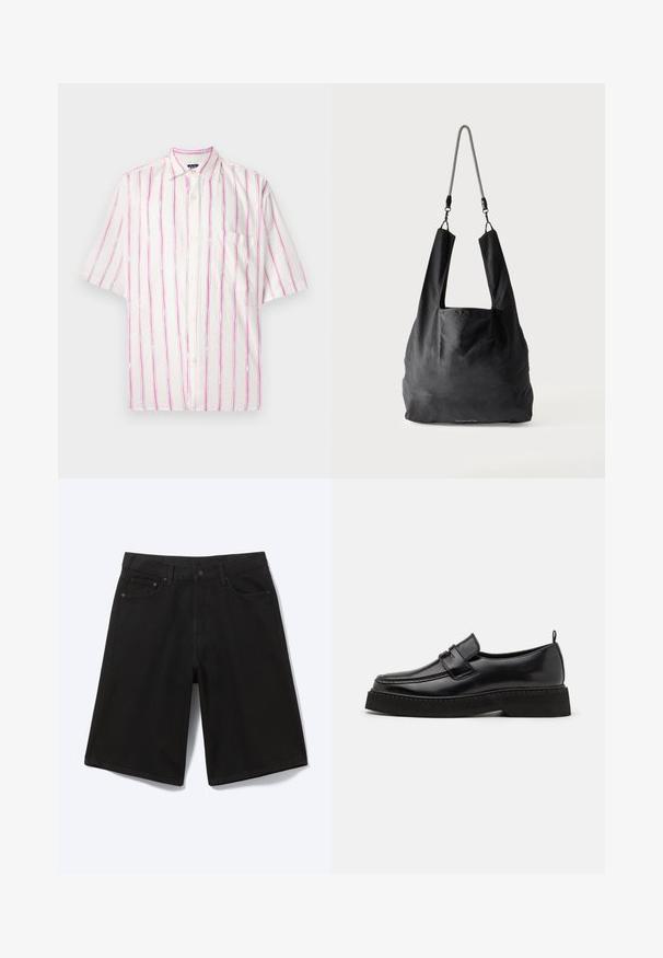 Chemise à manches courtes boutonnée en tissu blanc avec des rayures verticales rose et vert. Elle présente une poche du côté gauche.; Short en jean noir longueur genou avec bouton à l'avant, passants de ceinture et cinq poches, présenté sur fond blanc.; Chaussures en cuir noir de style mocassin avec une semelle plate et texturée, présentant un bout piqué et une sangle traversant le cou-de-pied.; Sac fourre-tout en tissu noir doux avec de larges anses et une fine bandoulière tressée noire et blanche.