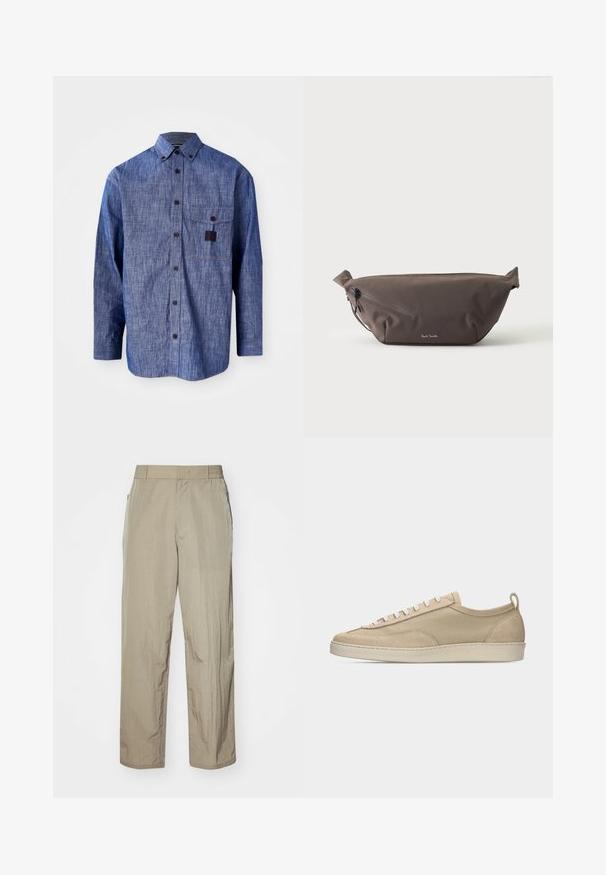 Blauwe denim overhemd met lange mouwen, een button-down kraag, een borstzak aan de voorkant en een subtiele textuur. Voorzien van donkere knopen en contrasterende stiksels.; Beige, lichtgewicht broeken met een ontspannen fit, voorzien van een elastische tailleband en zijzakken. De stof ziet eruit alsof het een textuur heeft en iets gekreukt is.; Beige lage sneaker met bovenwerk van stof en suède, witte veters, rubberen zool en een lus aan de hiel, afgebeeld in zijaanzicht op een witte achtergrond.; Donkerbruine stoffen heuptas met diagonale ritssluiting en klein wit logo aan de voorkant, tegen een effen lichte achtergrond.