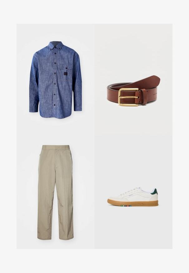 Blaues Denim-Hemd mit langen Ärmeln und Button-Down-Kragen, Brusttasche und subtiler Textur. Verfügt über dunkle Knöpfe und kontrastierende Nähte.; Beige leichte Hose mit lockerer Passform, ausgestattet mit einem elastischen Bund und seitlichen Taschen. Der Stoff wirkt strukturiert und leicht zerknittert.; Weiße Leder-Sneaker mit Perforationsdesign, Gummisohle, grünem Fersenakzent und buntem Streifenmuster an der Seite.; Brauner Ledergürtel mit goldener rechteckiger Schnalle, aufgerollt vor weißem, einfarbigem Hintergrund.