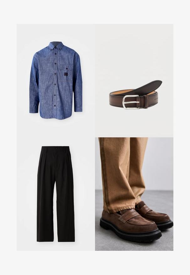 Blaues Denim-Hemd mit langen Ärmeln und Button-Down-Kragen, Brusttasche und subtiler Textur. Verfügt über dunkle Knöpfe und kontrastierende Nähte.; Schwarze weit geschnittene Hose mit glatter Textur, zwei vorderen Falten, einem Knopfverschluss und seitlichen Taschen. Strapazierfähiger Stoff.; Braune Wildleder-Loafer mit einer dicken schwarzen Gummisohle und dekorativem Riemen. Getragen mit beigen Hosen.; Dunkelbrauner Ledergürtel, zusammengerollt, mit silberner rechteckiger Schnalle auf weißem Hintergrund.