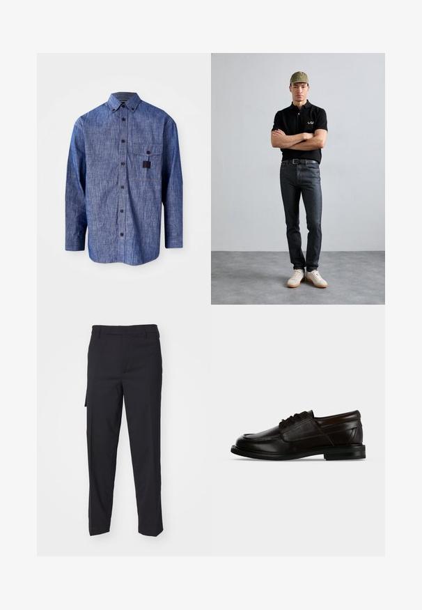 Blaues Denim-Hemd mit langen Ärmeln und Button-Down-Kragen, Brusttasche und subtiler Textur. Verfügt über dunkle Knöpfe und kontrastierende Nähte.; Schwarze Hose aus einem glatten, gewebten Stoff. Sie hat einen geraden Schnitt, eine schmale Passform, Gürtelschlaufen und eine Seitentasche.; Dunkelbrauner Leder-Schnürschuh mit abgerundeter Spitze und niedrigem gestapeltem Absatz, von der Seite betrachtet.; Schwarzes Polohemd mit goldenem Logo, dunkle Jeans und helle Schuhe. Olivgrüne Mütze mit Logo. Das Modell steht mit verschränkten Armen vor einem strukturierten Hintergrund.