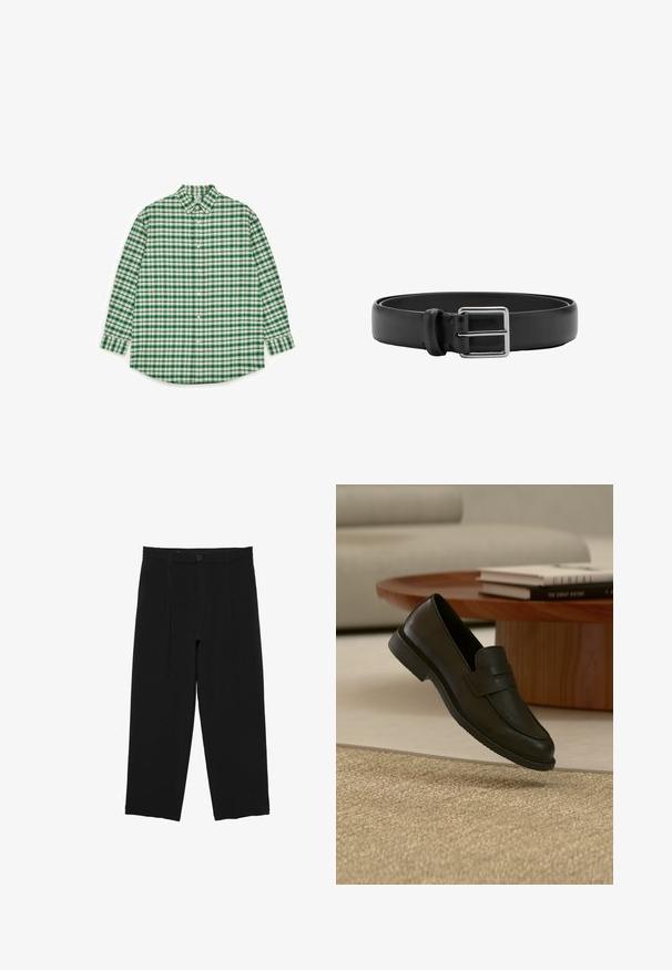 Chemise à boutons à carreaux verts et blancs, manches longues, col, ourlet arrondi, avec un motif carré régulier et une texture subtile.; Pantalon noir à jambes larges avec passants de ceinture, bouton à l'avant et design plissé, présenté sur un fond blanc.; Chaussure mocassin en cuir noir présentée en suspension au-dessus d'un tapis beige tissé, avec une table en bois et des livres empilés dans un salon doucement éclairé.; Ceinture en cuir noir avec une boucle métallique rectangulaire argentée et une seule boucle pour la fixation.