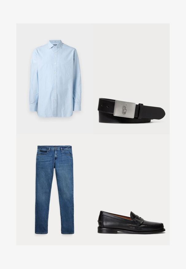 Camisa de manga larga azul claro con rayas verticales blancas, cuello con botones y cierres de botón en el frente. Tejido de algodón texturizado.; Jeans de mezclilla azul con un corte ajustado, que cuentan con bolsillos delanteros, trabillas para cinturón y un cierre de botón sobre un fondo blanco.; Mocasín negro de cuero con tacón bajo y detalle de correa para moneda, mostrado de lado sobre un fondo gris claro.; Cinturón de cuero negro con una hebilla rectangular de metal plateado que presenta un logo de jinete en relieve, textura suave y cinco agujeros.