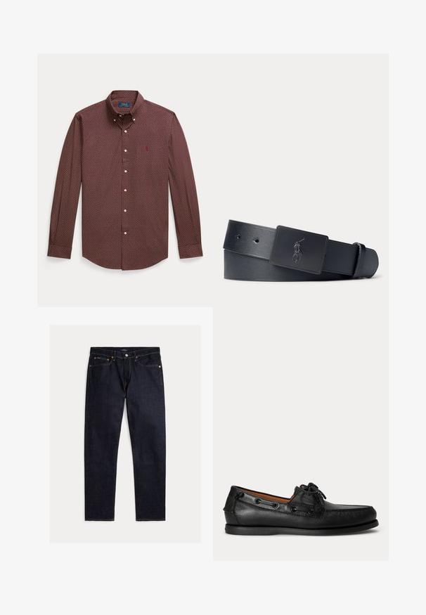 Rotes und marineblaues Hemd mit durchgehender Knopfleiste, kleinem geometrischem Muster, langen Ärmeln und klassischem Kragen. Mit kleinem Logo auf der Brust.; Dunkel indigoblaue Jeans mit geradem Bein, fünf Taschen, Knopf- und Reißverschluss und kontrastierenden orangen Nähten auf einfarbigem Hintergrund.; Schwarzer Ledermokassin mit Schnürdetail und flacher Gummisohle, seitlich auf hellem Hintergrund gezeigt.; Schwarzer Ledergürtel mit einer schwarzen, rechteckigen Schnalle mit eingeprägtem Polo-Spieler-Logo.