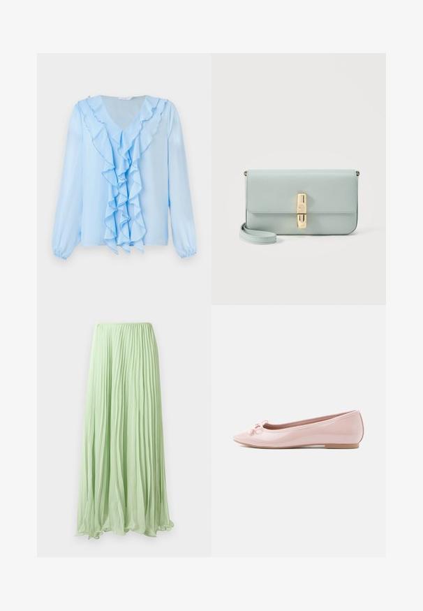 Blusa azul claro con escote en V y detalle de volantes en el frontal. Las mangas largas tienen puños elásticos, y la tela parece suave y ligera.; Falda larga plisada verde claro con tela fluida y cinturilla elástica, exhibida contra un fondo blanco.; Zapato plano tipo ballet de charol rosa con punta puntiaguda y detalle de lazo decorativo en la parte frontal. Cuenta con suela plana y diseño sin costuras.; Bolso de mano de cuero azul claro con cierre rectangular dorado y correa de muñeca desmontable sobre fondo blanco.