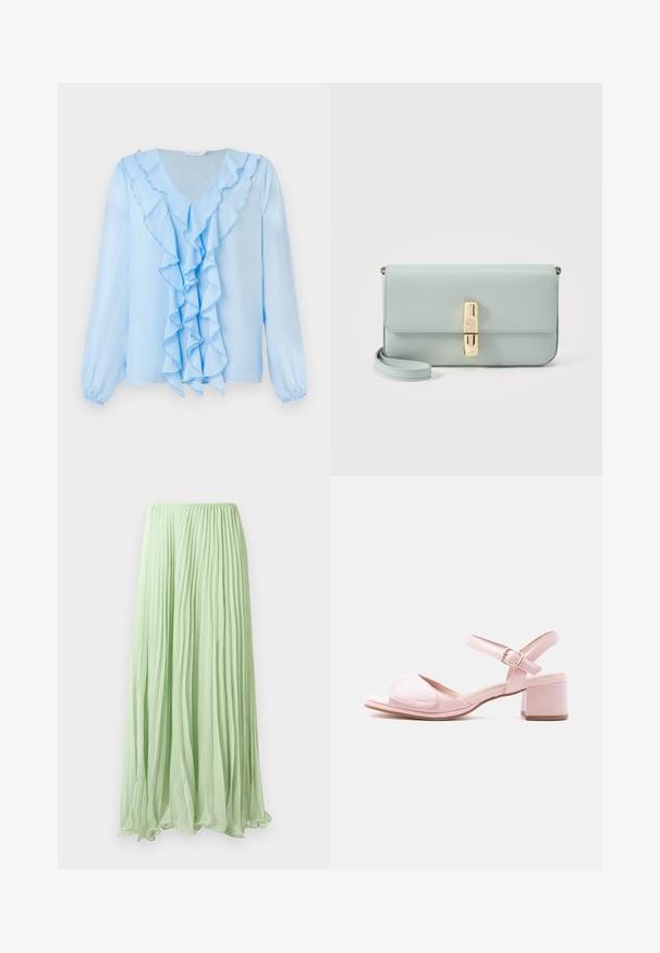Lyseblå bluse med V-hals og rynket frontdetalje. Lange ærmer har elastiske manchetter, og stoffet ser glat og letvægtigt ud.; Lys grøn plisseret lang skirt lavet af let stof med elastisk talje, præsenteret mod en hvid baggrund.; Lyserød sandal med åben tå, justerbar ankelrem, lav blokhæl og bred frontrem med velcrolukning.; Lyseblå læder clutch med guldfarvet rektangulært spænde og aftagelig håndledsrem på hvid baggrund.