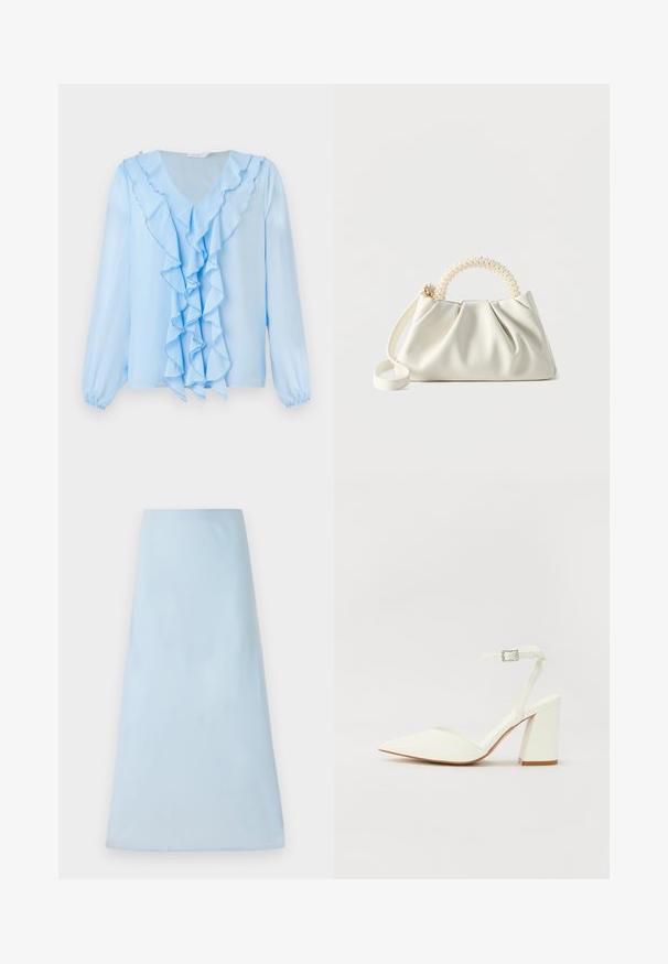 Blusa azul claro con escote en V y detalle de volantes en el frontal. Las mangas largas tienen puños elásticos, y la tela parece suave y ligera.; Falda azul claro en línea A, hecha de una tela suave, que presenta un diseño limpio sin patrones ni acentos visibles, llegando a la mitad del muslo.; Sandalia blanca de tacón con puntera afilada, correa ajustable en el tobillo y un tacón cuadrado grueso. Textura lisa con detalles de costura mínimos.; Pequeño bolso blanco con cuerpo fruncido, asa redonda adornada con perlas y una correa de hombro desmontable sobre un fondo liso.