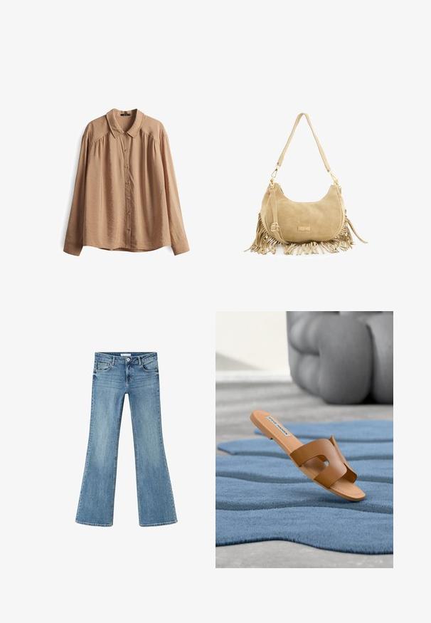 Beige overhemd met knoopsluiting, kraag, lange mouwen en een relaxte pasvorm. Gemaakt van een gladde stof met subtiele textuur en centrale knoopsluiting.; Blauwe spijkerbroek met voorzakken, knoop, rits en licht uitlopende pijpen, plat gelegd op een witte achtergrond.; Bruine platte schuifzandalen met een uitgesneden ontwerp, gemaakt van glad materiaal. Heeft een lichtbruine zool en een label op de binnenzool.; Beige suède handtas met gouden beslag, franjes, een afgeronde vorm en twee schouderriemen, waarvan één verstelbaar, met het label "VENEZIA".