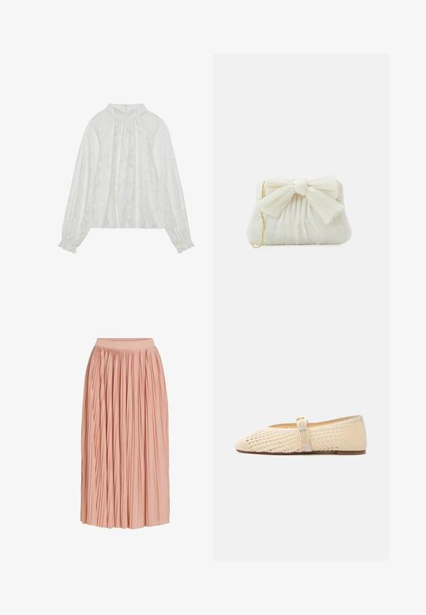White long-sleeve blouse, featuring a textured floral pattern, gathered neckline, and elastic cuffs. Soft, lightweight fabric.; Light pink midi-length pleated skirt with a wide waistband, made of lightweight fabric, displayed against a white background.; Beige flat Mary Jane shoe with woven texture and buckle strap, pointed toe, and low heel on a white background.; White pleated clutch bag with a prominent bow detail and a gold chain strap. Soft texture with a gathered design on the front.