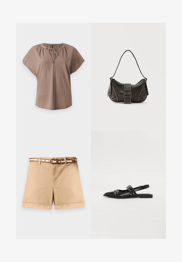 Chemisier marron à manches courtes avec un col en V, un détail à nouer et une coupe décontractée. Fabriqué en tissu doux avec une texture lisse et sans motifs.; Short beige en coton taille haute avec revers roulés, fermeture éclair sur le devant, passants de ceinture et une ceinture fine rayée marron et blanche avec boucle.; Even&Odd by Zalando Ballerines à brides arrière - black; Sac à épaule en cuir noir avec une sangle à boucle, des bords arrondis et des coutures blanches contrastées sur un fond uni.