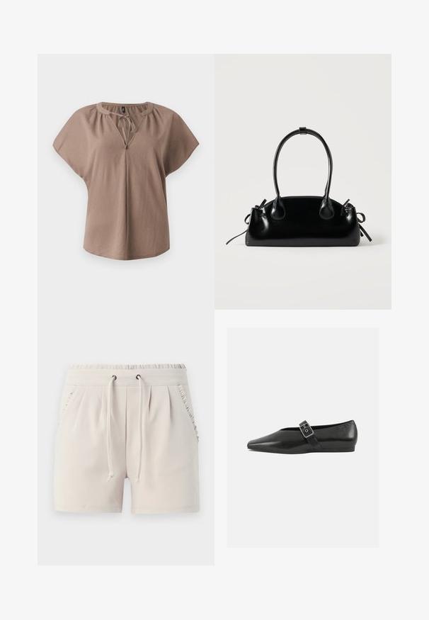 Chemisier marron à manches courtes avec un col en V, un détail à nouer et une coupe décontractée. Fabriqué en tissu doux avec une texture lisse et sans motifs.; Shorts beige clair avec une taille élastique, un cordon de serrage, des poches latérales et des volants le long des bords des poches. Texture de tissu douce.; Chaussure plate en cuir noir avec un orteil pointu, présentant une sangle à boucle métallique sur le cou-de-pied et une semelle basse et flexible.; Petit sac à main noir brillant avec deux longues anses et des détails à cordon sur les côtés sur un fond clair uni.