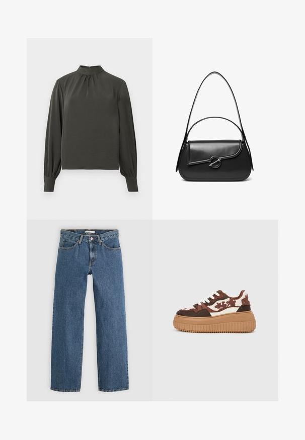Mørkegrøn langærmet top med høj hals, der har samlet detaljer ved halsudskæringen og knaplukninger ved ærmerne. Fremstillet af glat, letvægtsstof.; Blå denim jeans med lige pasform, der har fem lommer, knaplukning og kontrastsyninger langs sømmene.; Platform sneakers med et brunt og cremefarvet camouflage-mønster, kontrasterende lysebrune såler og hvide snørebånd. Overdelen har blandede materialer og teksturer.; Sort skuldertaske i læder med en buet klap, der er fastgjort med en rund metal spænde, og en slank, justerbar rem.