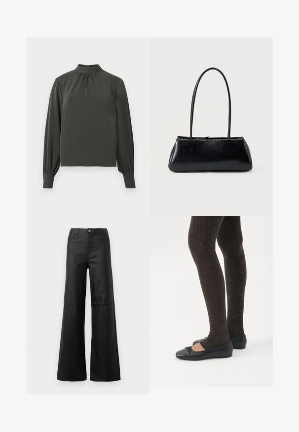 Top de manga larga verde oscuro con cuello alto, que presenta detalles fruncidos en el escote y puños con botones. Fabricado con una tela suave y ligera.; Jeans de pierna ancha negros, hechos de denim suave, que cuentan con cierre de botón, bolsillos frontales y un diseño de cintura alta.; Piernas con leggings oscuros acanalados combinados con bailarinas negras que presentan pequeños detalles de lazo sobre un fondo blanco.; Bolso de hombro rectangular negro con correas largas y delgadas y una textura lisa y brillante sobre un fondo liso.