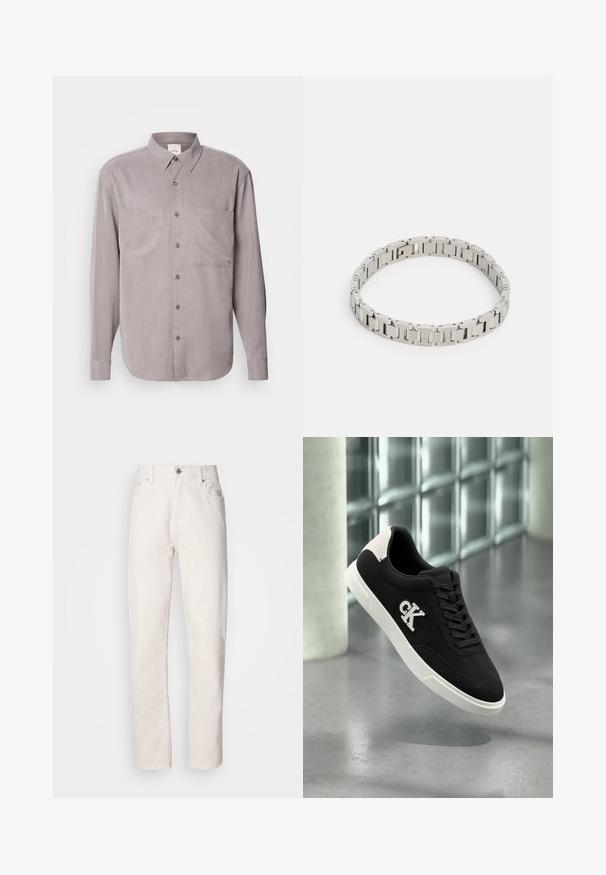 Langærmet button-up skjorte i dæmpet grå stof, med to brystlommer, en klassisk krave og tonal knaplukning.; Hvide denim jeans med lige ben, med knap- og lynlåslukning, bæltestropper samt for- og baglommer, præsenteret på en ensfarvet baggrund.; Sort sneaker med hvid sål, ruskindsdetaljer, snørebånd og broderet 'CK' logo på siden. Glat tekstur med et sporty design.; Sølvmetalarmbånd med rektangulære led, en poleret overflade og små cirkulære accenter, designet til at sidde tæt omkring håndleddet.