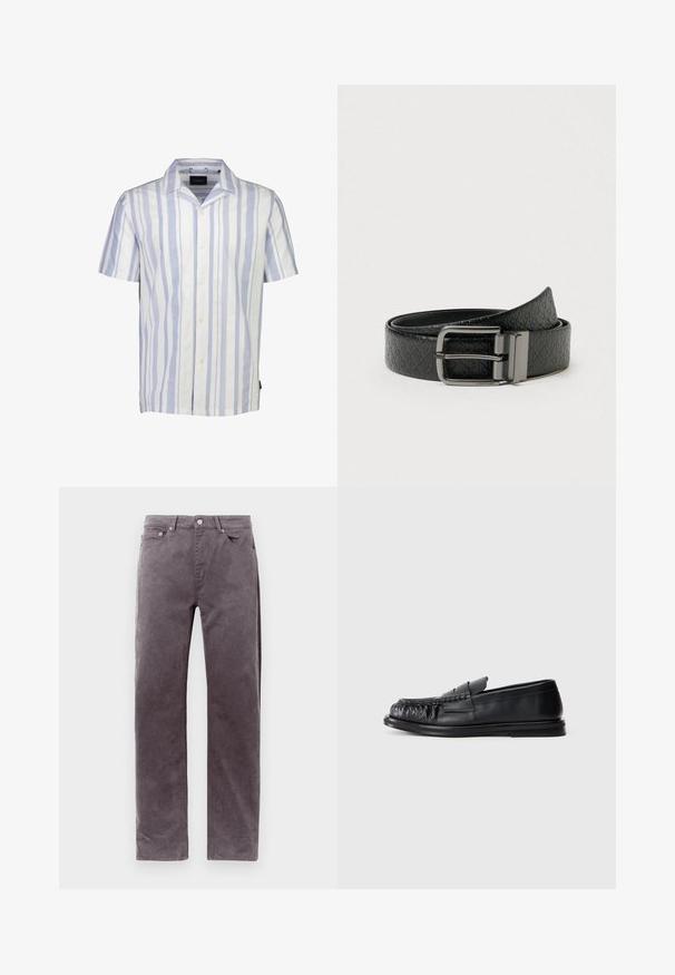 Kortærmet button-up skjorte i hvid og lyseblå lodrette striber. Fremstillet af letvægtigt stof med klassisk krave og fem knapper.; Brune cordbuksebukser med lige ben, forlommer og bæltestropper, vist mod en ensfarvet hvid baggrund.; Sort læderloafer med en rund, rynket tå og en flad sål på en ensfarvet hvid baggrund.; Sort læderbælte med præget mønster og et rektangulært metalspænde med mat finish. Glat tekstur med en rundet ende.
