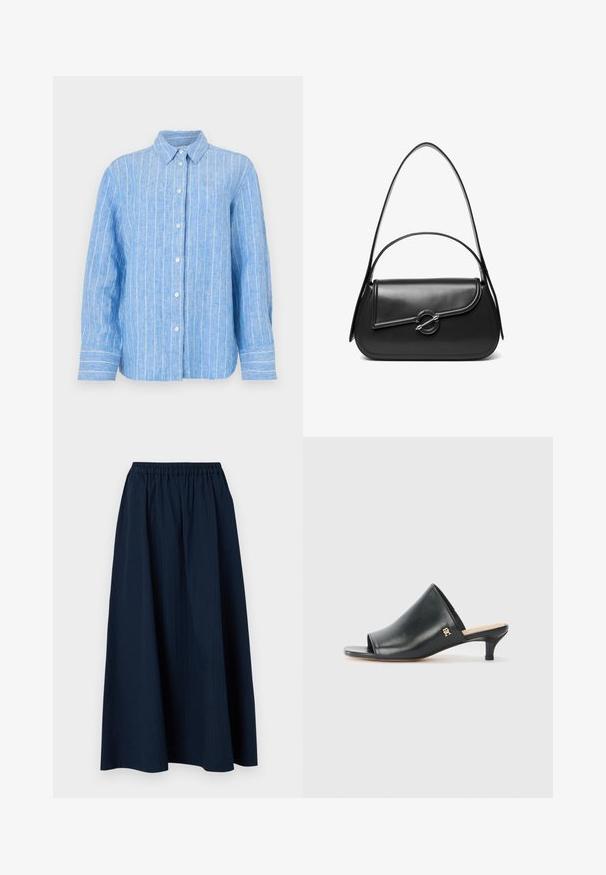 Camisa de lino azul claro con rayas verticales blancas, de mangas largas, con cierre de botones en la parte delantera y un cuello clásico. Tejido texturizado con un corte relajado.; Falda larga de color azul marino, hecha de un tejido texturizado con una cinturilla elástica y sutiles rayas verticales.; Mules de cuero negro de punta abierta con un tacón bajo. Presentan una superficie lisa y un acento del logo dorado en el costado.; Bolso de hombro de cuero negro con una solapa curva asegurada por un broche metálico redondo y una correa delgada y ajustable.