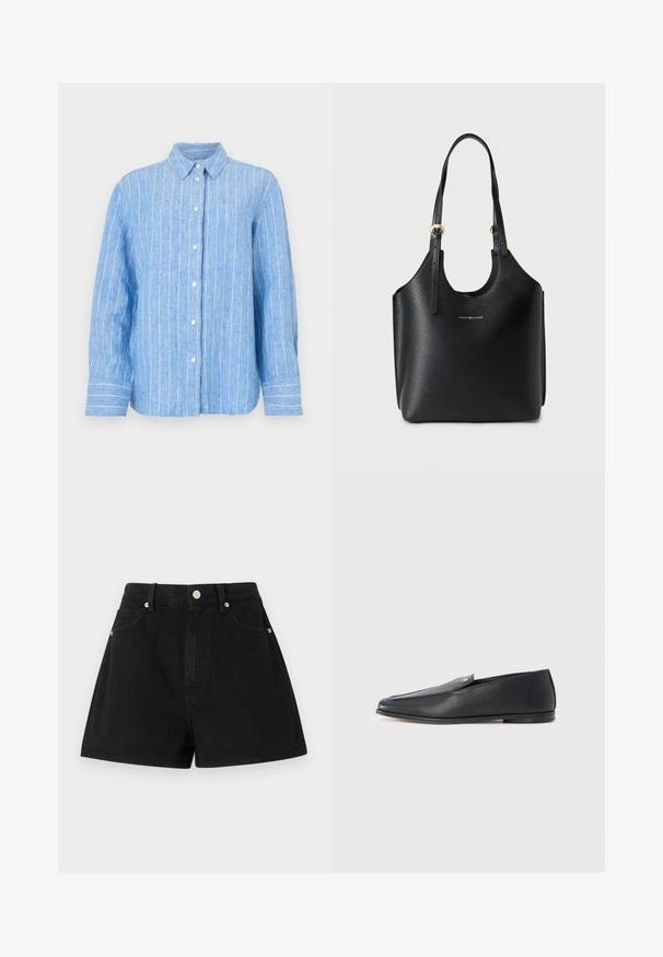 Camisa de lino azul claro con rayas verticales blancas, de mangas largas, con cierre de botones en la parte delantera y un cuello clásico. Tejido texturizado con un corte relajado.; Bermudas de mezclilla negra con cintura alta, cinco bolsillos, herrajes en plata y un ajuste estándar, que cuentan con una textura suave y un acabado limpio.; Mocasines de cuero negro con textura suave, punta redondeada y detalles de costura sutiles. Presentan un acento de logo dorado en el lateral superior.; Bolso tote negro hecho de material texturizado, con una apertura redonda recortada, doble asa para el hombro y detalles en hardware dorado.