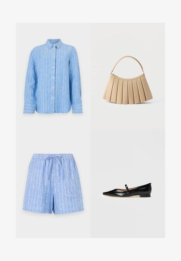 Lys blå linnedskjorte med hvide lodrette striber, lange ærmer, knaplukning foran og klassisk krave. Struktureret stof med en afslappet pasform.; Lysblå linned-shorts med hvide lodrette striber, elastisk talje og en bundet snor foran.; Sorte patenterede læder Mary Jane flade sko med spids tå, én rem og lav hæl på ensfarvet baggrund.; Beige plisseret håndtaske med buet toplynlås og enkelt buet håndtag, vist på hvid baggrund.