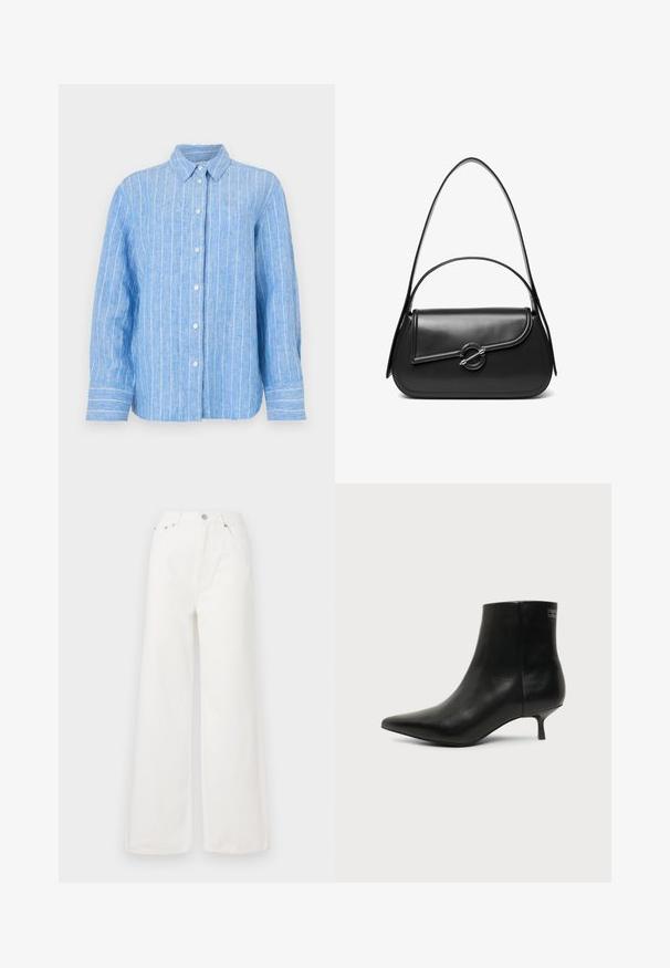 Camisa de lino azul claro con rayas verticales blancas, de mangas largas, con cierre de botones en la parte delantera y un cuello clásico. Tejido texturizado con un corte relajado.; Jeans de mezclilla de cintura alta y pierna ancha en color blanco. Cuenta con bolsillos delanteros, un cierre de botón y detalles de dobladillo deshilachado.; Botín de piel negra con puntera puntiaguda y tacón bajo estilo kitten sobre fondo claro, mostrando vista lateral exterior.; Bolso de hombro de cuero negro con una solapa curva asegurada por un broche metálico redondo y una correa delgada y ajustable.